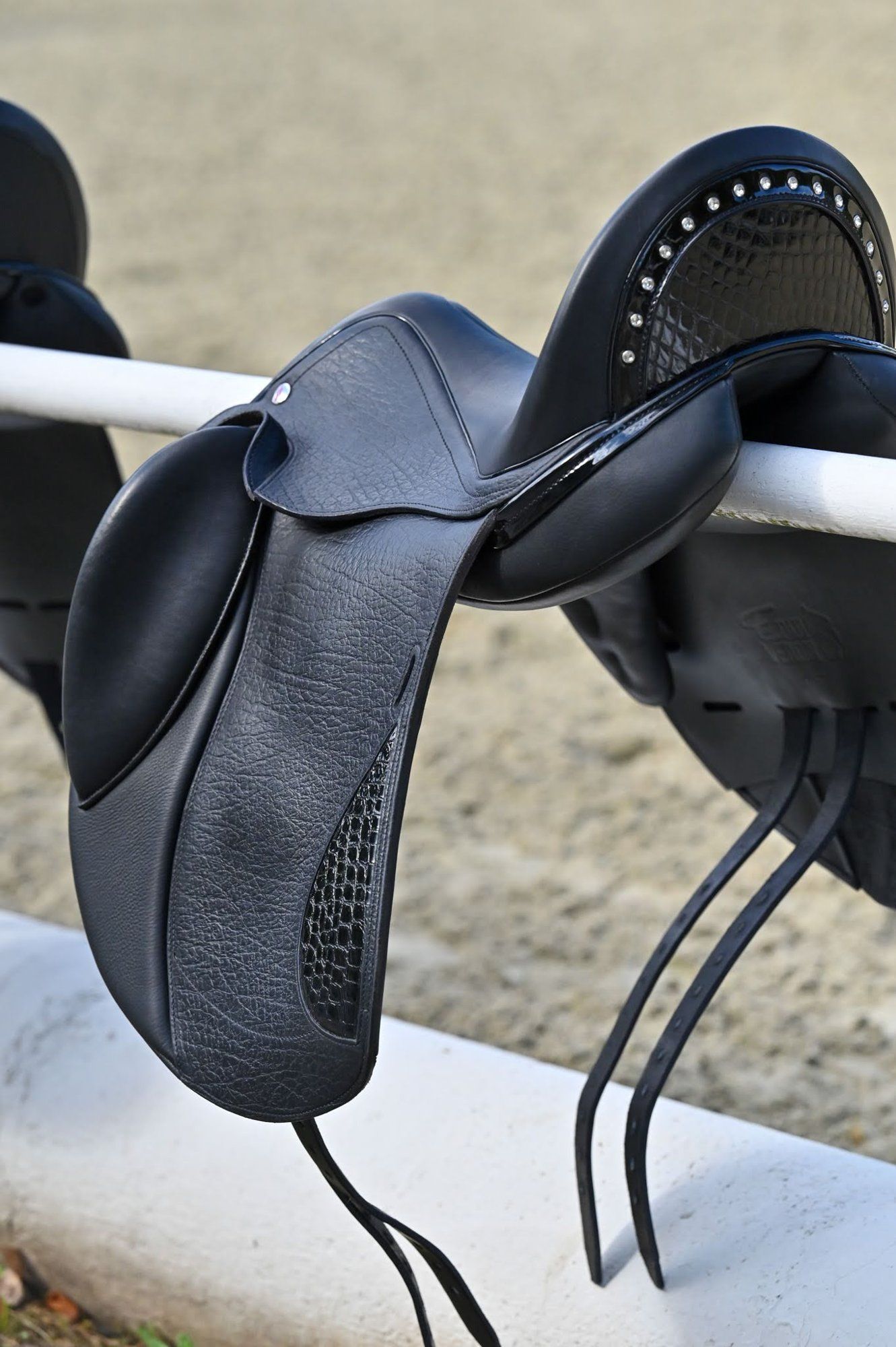 Black Equiveron saddle with crocodile cantle and crystals